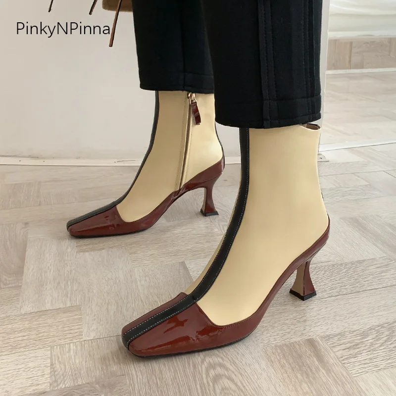 

women genuine leather inside zip ankle boots vintage Baroque French runway heels square toe booties party dress designer shoes