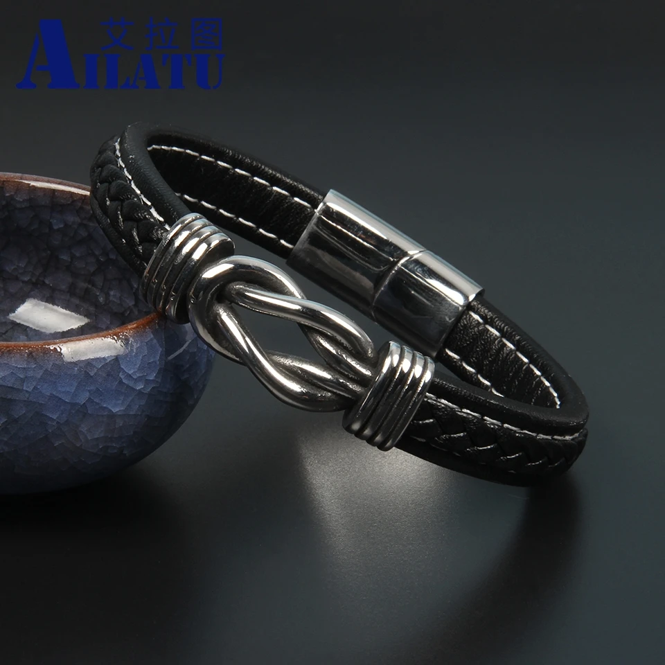 Ailatu, новинка, натуральная широкая кожа, уникальный в форме узла, мужской браслет с магнитной пряжкой, мужской браслет, подарок на день рождения