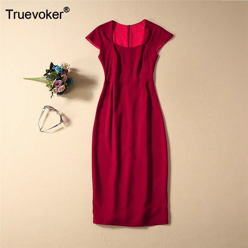 

Truevoker Summer Runway Designer Dresses Women's European Short Sleeves Pure Red Mid Calf Length Pencil Vestidoes