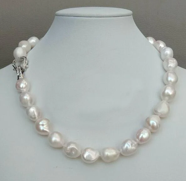 

12mm white baroque Pearl necklace heart clasp real natural Freshwater PEARL choker Jewelry 35cm 43cm 15inch 17inch