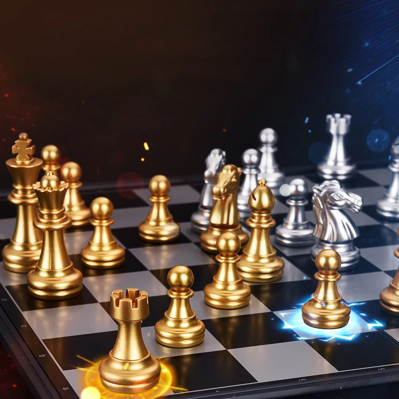 High Quality Magnetic Chess Foldable Checkerboard Set Golden Silver Chess Pieces Portable Family Travel Leisure Board Game Toy