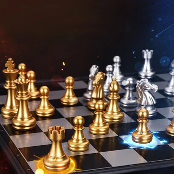 High Quality Magnetic Chess Foldable Checkerboard Set Golden Silver Chess Pieces Portable Family Travel Leisure Board Game Toy