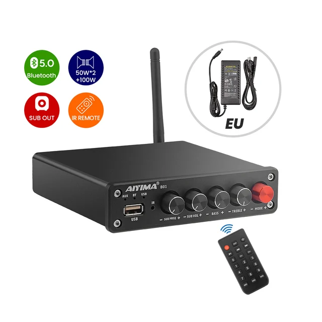 AIYIMA TPA3116 Bluetooth 5.0 Subwoofer Amplifier 2.1 Channel 50W*2+100W Hifi Digital Stereo Audio Amp For Home Sound Theater DIY Black-EU adapter
