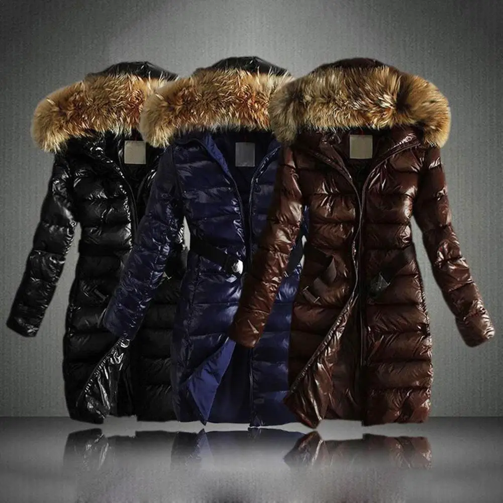

Winter Fashion Women Down Jacket Solid Color Cotton Coat Faux Fur Collar Midi Down Jacket Warm Hooded Outerwear Parka