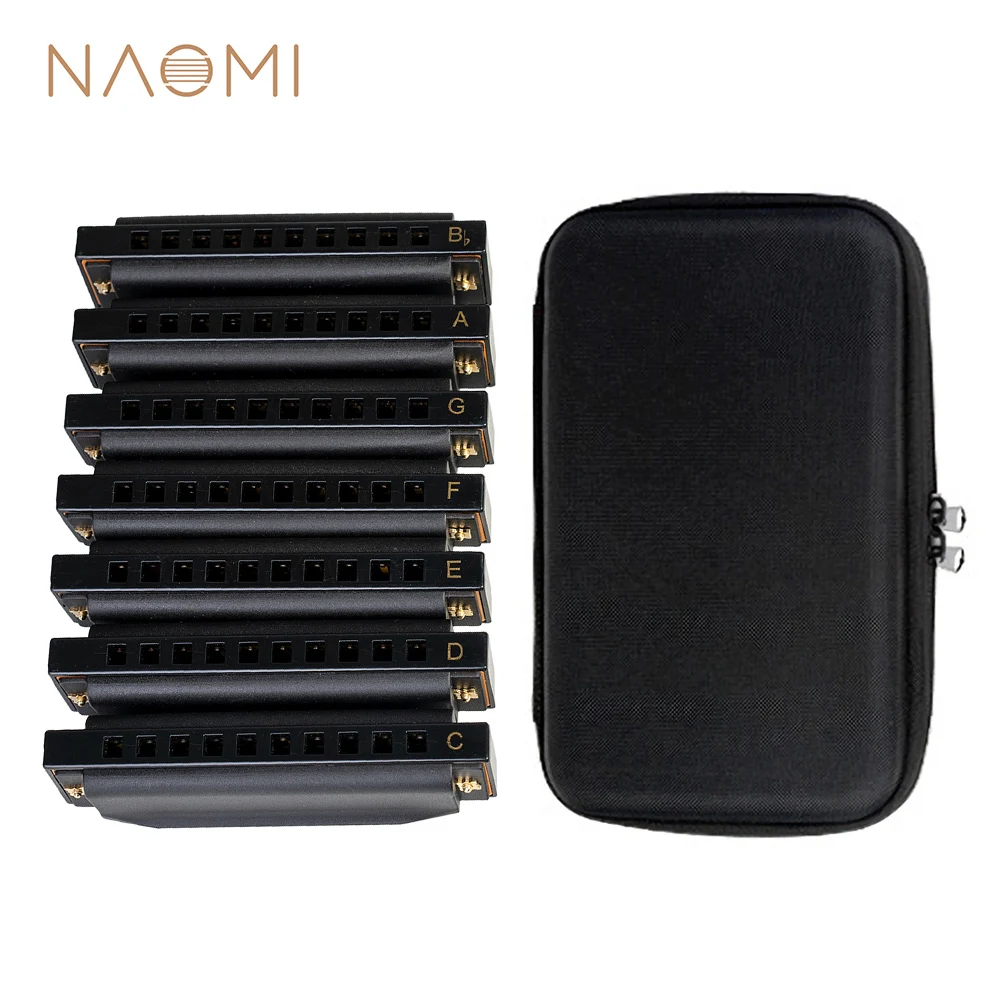 NAOMI Piedmont Blues Harmonica Harp Set of 7 (G A Bb C D E F Keys) 10 Holes with Zippered Carrying Case | Спорт и развлечения