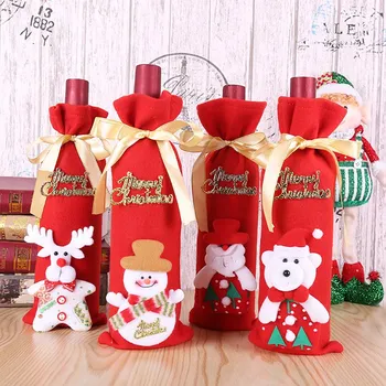 

New Christmas Party Home Decor Table Santa Clause Snowman Linen Champagne Christmas Bottle Covers Red Wine Bottle Covers Bag