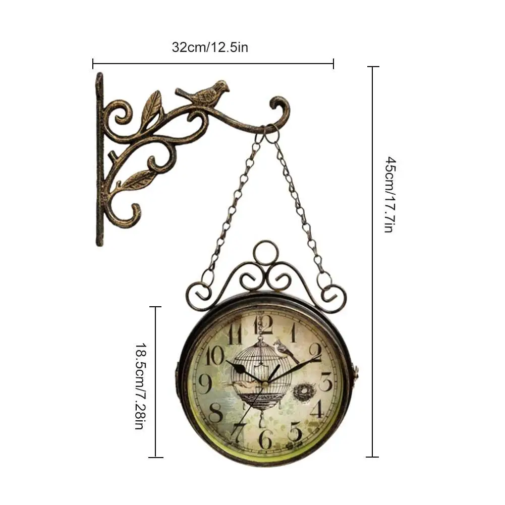 3D винтажные настенные часы Ретро двухсторонний простой тихий кварцевый настенные часы Круглый из кованого железа часы для украшения гостиной