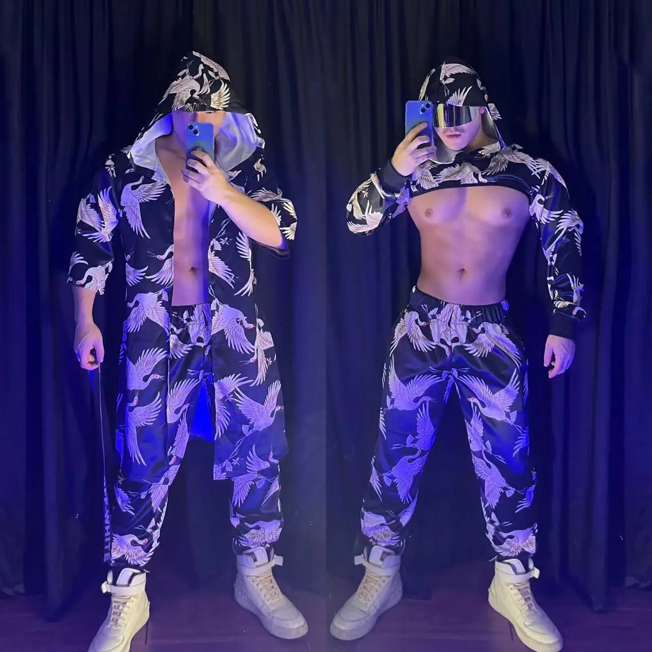 

Club Party Festival Rave Stage Wear Male Sexy Hip Hop Street Dance Costume Nightclub Bar Performance Hooded Coat Pants Outfits