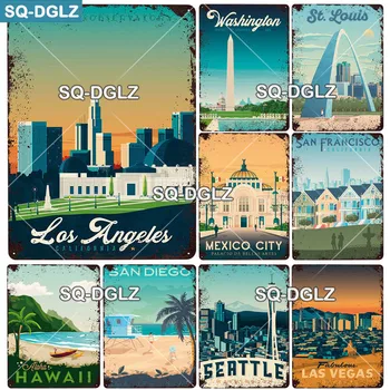 

[SQ-DGLZ] American City Metal Sign Vintage Metal Plaque Travel Plates Decor For Bar Home Wall Decor Tin Sign Landscape Poster