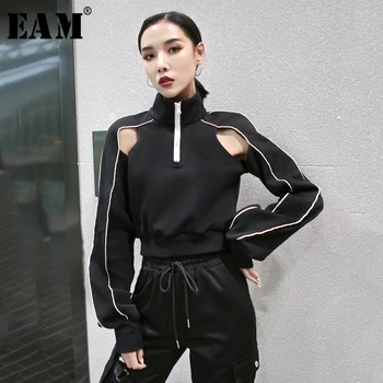 

[EAM] Women Black Line Hollow Out Split Joint T-shirt New Stand Collar Long Sleeve Fashion Tide Spring Autumn 2020 1T152