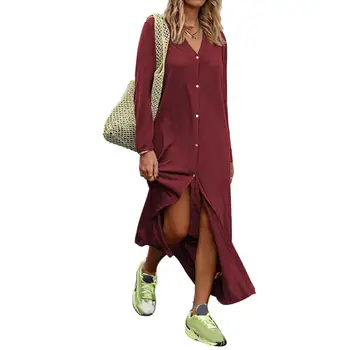 

Plus Size Women Solid Color Long Sleeve V Neck Front Slit Long Dress V Neck Front Slit Long Dress Plus Size Women Long Dress