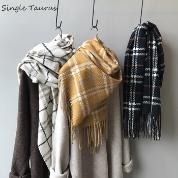 

190x72cm Plaid Print Scarves Women Fashion Streetwear Cashmere Scarf Winter Warm Blanket Scarf Tassel Foulard Femme