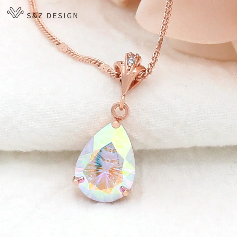 S&Z DESIGN New Fashion Luxury  Water Drop Crystal Pendant Necklace For Women Girl Wedding Party Jewelry