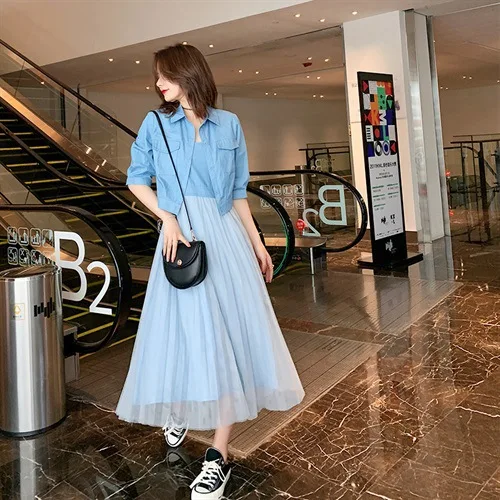 

2019 Summer New Style Korean-style Gauze Joint Mid-length Computer Cable Lock Two-Piece Set Women's Short Jacket Tops