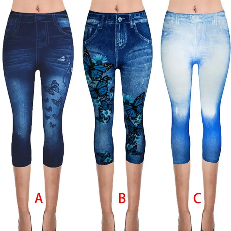 Women Plus Size Fake Jeans Capri Pants Retro Wash Color Butterfly Denim Print Leggings High Waist Cropped Elastic XS-3XL Women Plus Size Fake Jeans Capri Pants Retro Wash Color Butterfly Denim Print Leggings High Waist Cropped Elastic XS-3XL