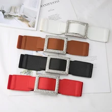

Fashion Women Elastic Belts Diamond-studded Square Buckle Belt Wide Waist Strap Dress Coat Sweater Ladies Decorative Waistband