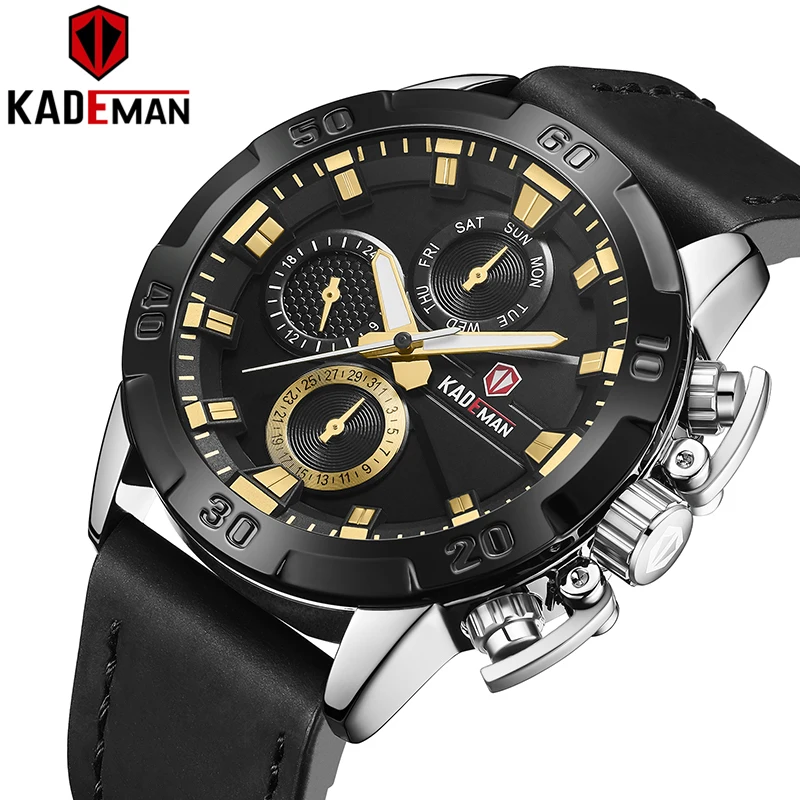 Relogio Masculino KADEMAN мужские часы люксовый бренд мужские часы кожаный ремешок наручные часы Хронограф Военная неделя Дата кварцевые