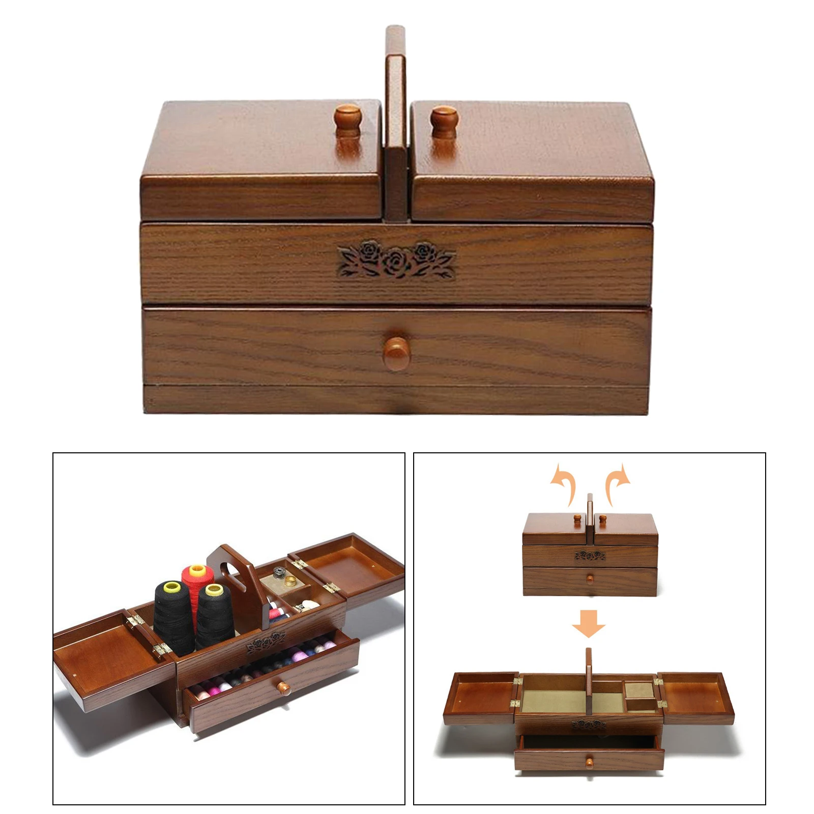 Sewing Basket Expandable Wooden Jewelry Keepsake Trinket Storage Box Organizer Holder Handmade Box for Women Sewing Accessories
