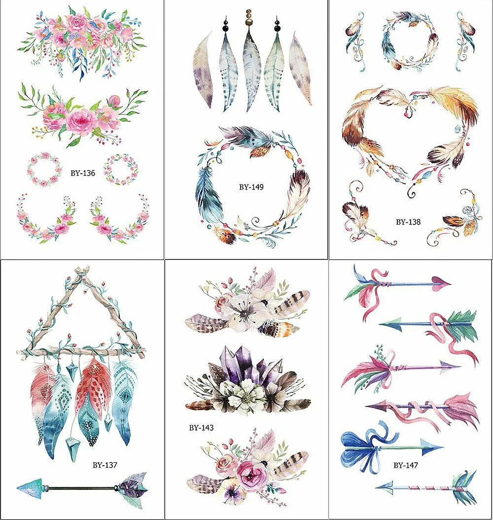 

Watercolor Flowers Fake Tattoos Feathered Arrow Tattoo Stickers Chest Dream Catcher Waterproof Tatoo Mascot Tatto Women Body Art