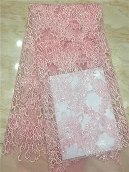 

Pink French Mesh Lace Fabric with Sequins 2019 Hot Sale African Tulle Lace Fabric Embroidery Sequins Lace Fabrics X8