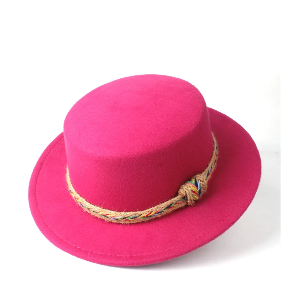 Женская шерстяная шляпа Fedora с плоским верхом, элегантная женская зимняя широкополая шляпка для церкви, уличная дорожная чародейная шляпа, Повседневная шапка, размер 56-58 см - Цвет: Rose Red