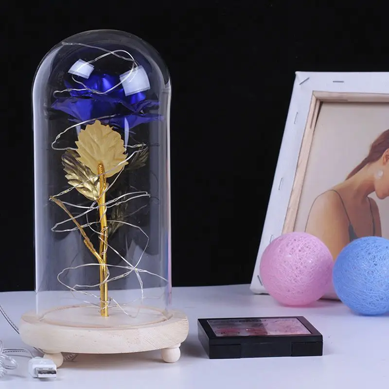 Galaxy Rose искусственная Золотая фольга роза USB питание светодиодный светильник в стеклянном куполе на деревянной основе