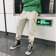 Весенние и осенние японские мужские брюки с большими карманами, одноцветные, не эластичные свободные повседневные брюки, бежевые/черные M-2XL