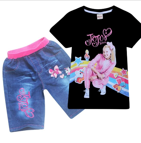

2019 New baby girls Jojo siwa clothing Set Short sleeve t-shirt jeans Suit for school student Clothes children's girl clothing