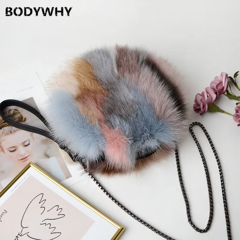 

Womens Real Fox Fur Bag Shoulder Messenger Round Style Purse Wallet Handbag Crossbody Wallet Purse Chain Shoulder Lady Fashion