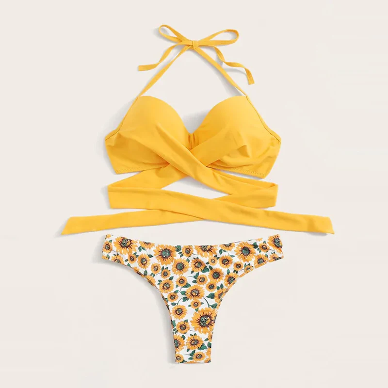 

Yellow Bikini Set Bikini 2020 New Push Up Swimsuit Women Swimming Suit For Women Halter Cross Lace Up Sexy Swim Suit Low Waist