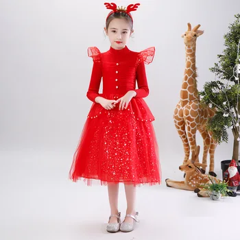 

3287Autumn and Winter Children's Clothing Girls Christmas Clothes Beaded Princess Children's Sweater Long Sleeve Dress