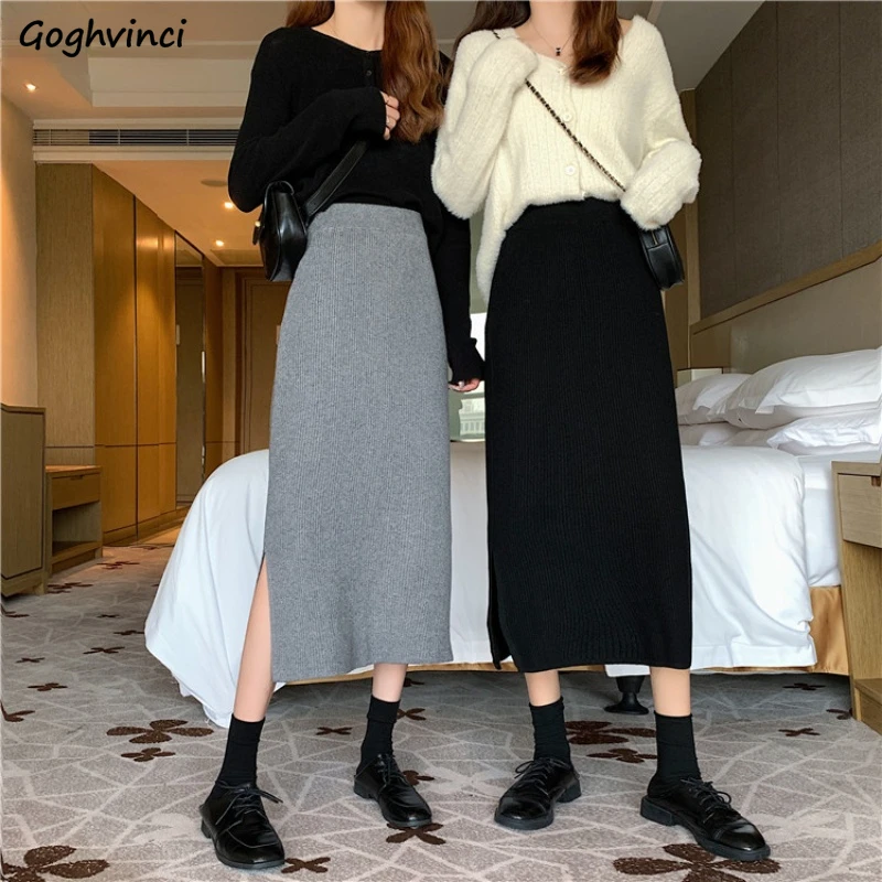 

Skirts Women Midi Solid Side-slit All-match Leisure Street Wear Popular Girls Ulzzang Trendy Straight Knitting Spring Autumn New
