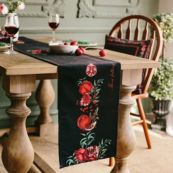 

American Retro Red Black Pomegranate Waterproof Table Cloth Luxury Suede Table Runner Best Home Decoration
