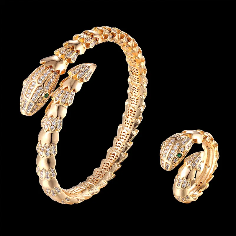 

Fateama luxury animal snake bangle with ring jewelry set AAA pave setting hand make bracelet fashion jewelry for best gift