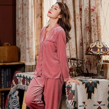 

Velvet 2PCS Sleep Set Shirt&Pants Women Pajamas Suit Sleepwear Casual Homewear Pyjamas 2020 Autumn New Lace Trim Nightwear