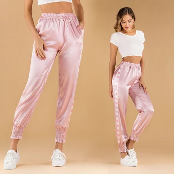 

2020 New Glossy Satin Casual Pants Love Printed Bouquet Feet Sports Casual Trousers