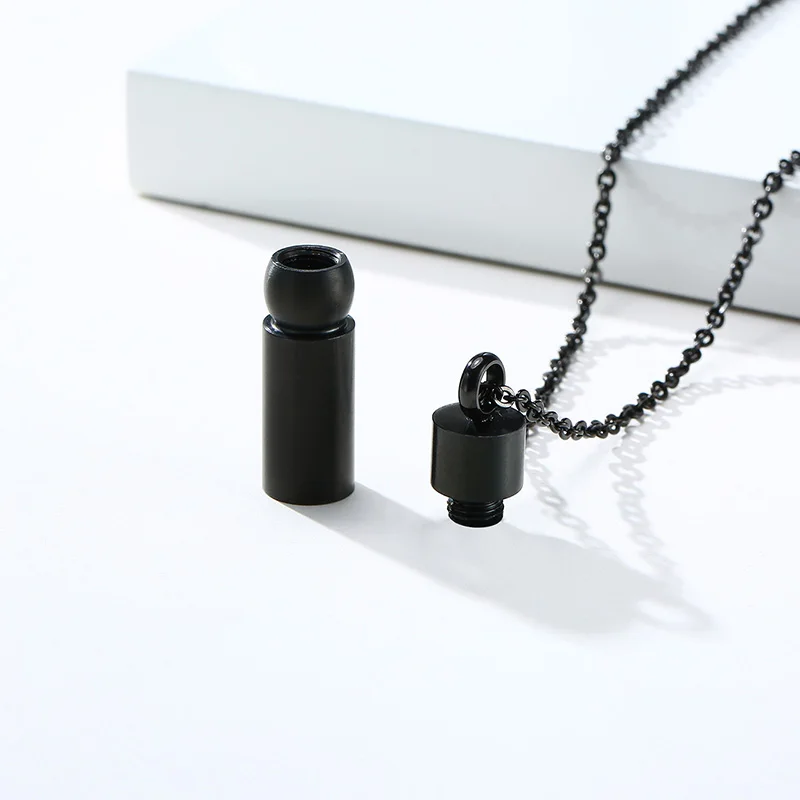 CYLINDRICAL URN MEN NECKLACE FOR ASHES STAINLESS STEEL BLACK CYLINDER-SHAPED PENDANT MEMORIAL JEWELRY