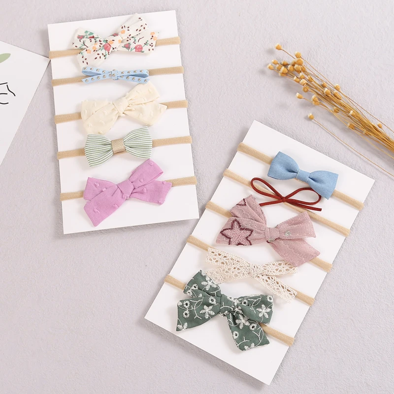 

5Pcs Bows Hair Girl Headband Baby Headbands Print Lace Leather Hairband For Children Elastic Band Newborn Photo Cute Accessories