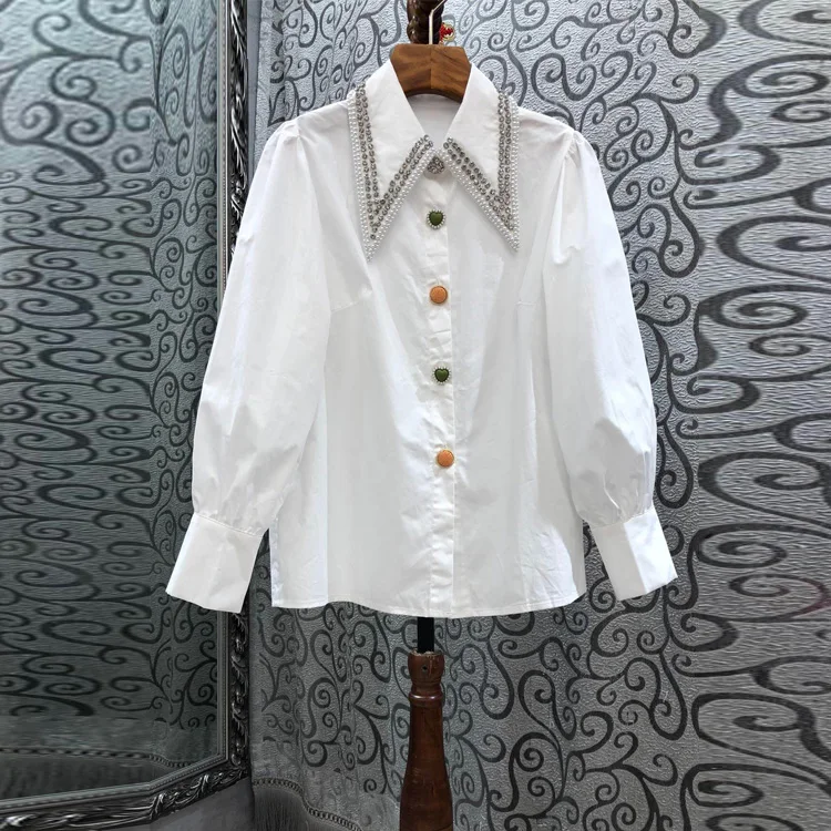 Autumn New Fashion Court Style Pointed Collar Beaded Long Sleeve Rhineston White Shirt Ladies Blouse Retro All-match Shirt Tops [nike]court borough mid 2 white cd7782 100