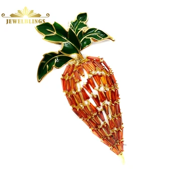 

Vegetable Jewelry Baguette Cut CZ Orange Carrot Brooches Gold Tone Green Enamel Leaf Prong Work Radish Pins for Holiday Costume