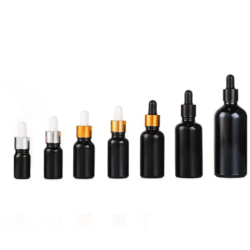 15pcs shinny Black Glass Empty Essential Oil Parfum e Liquid Pipette Dropper Bottle 10 15 20 30 50 100 ml gold black silver cap