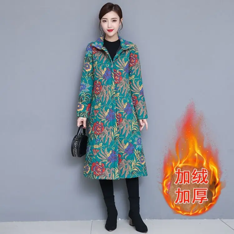 

2019 Winter New Style National Style Large Size Cotton Linen Printed Retro plus Thick Cotton Stand Collar Warm Middle Long Coat