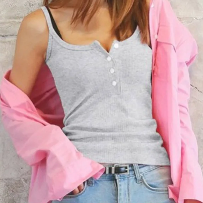 Женщины без рукавов Camisole Tank Top Slim Fit Передняя Кнопка Низкий вырез летний топ-MX8