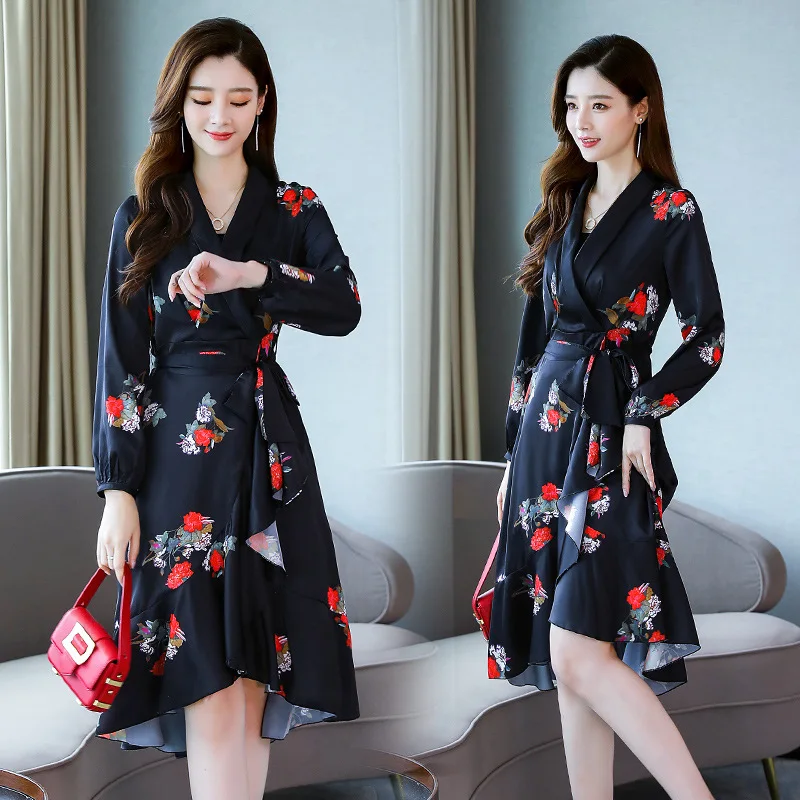 

Floral Printed Dress 2019 Autumn New Style Women's Hepburn Wind Irregular Slimming Nobility Chiffon Feminine Skirt