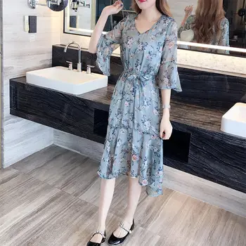 

Loose Floral Dress Women's 2020 Summer New Lotus Leaf Short Sleeve Chiffon Printed V-neck A-line Dress Lace Up Vestidos R250