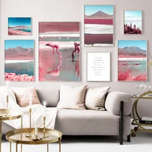 

Pink Mountain Flamingo Cactus Wall Art Canvas Painting Nordic Posters And Prints Landscape Wall Pictures For Living Room Decor