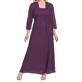 

BGW 31021ht Scoop Neck A Line Chiffon Mother Of The Bride Dress Three Quarter Sleeve Two Piece With Lace Coat 2020 New Mom Robes
