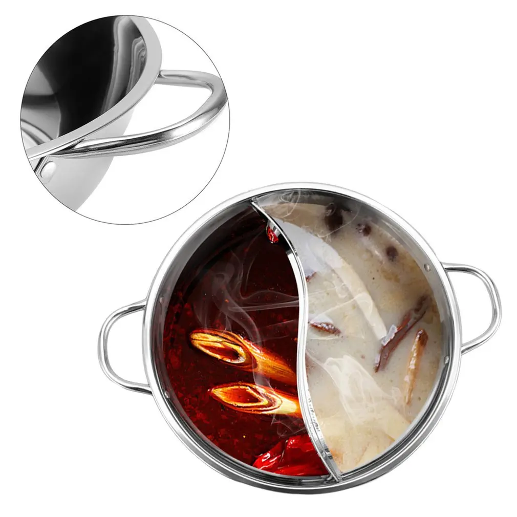 1 Pcs 30cm Stainless Steel Hot Pot Kitchen Cooking 2 Compartments Flavor  Hot Pot Cooking Pot