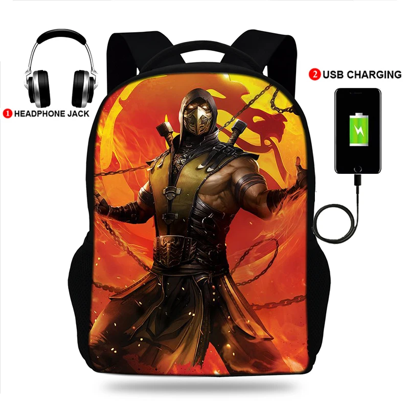 Рюкзак Mortal Kombat Scorpions с usb зарядкой дорожная сумка для мальчиков и девочек школьная