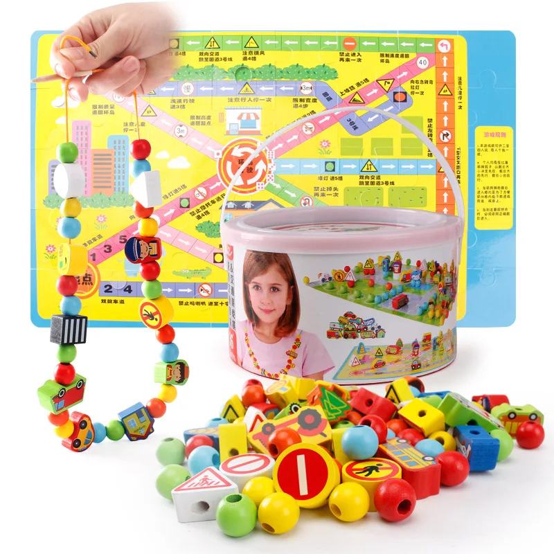 

MWZ Traffic Children Beaded Bracelet Bead-stringing Toy Early Childhood Educational Wooden Threading Toys Hand-Eye Coordination